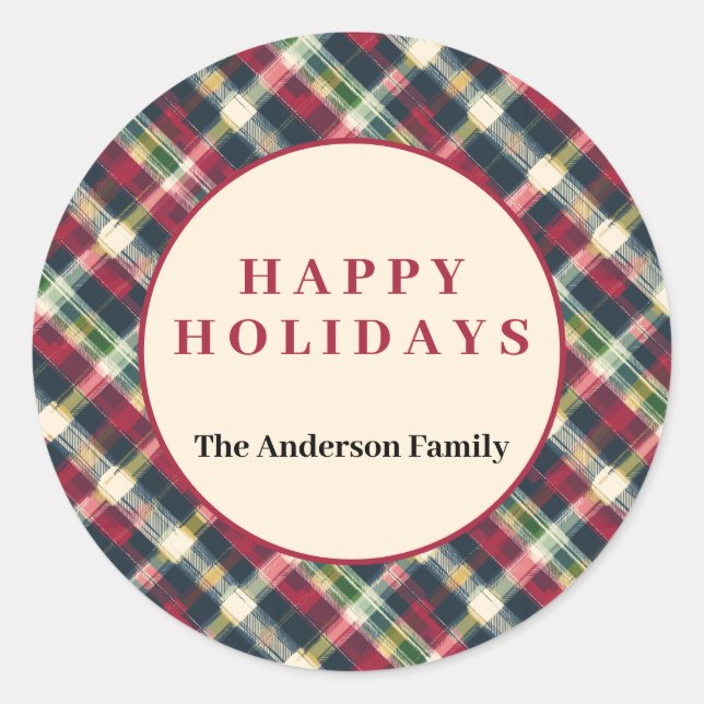 Green Red Tartan Plaid Custom Christmas Holiday Classic Round Sticker (Front)