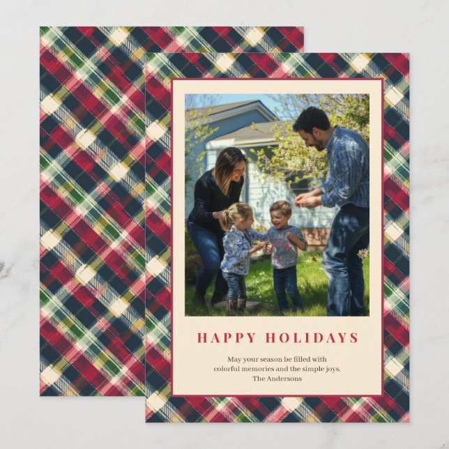 Green Red Tartan Plaid Custom Family Photo Holiday Card (Front/Back)