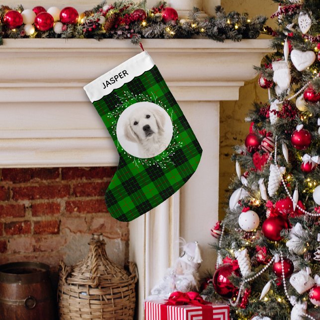 Green Red Tartan Plaid Winter Wreath Pet Dog Photo Small Christmas Stocking (Green and red tartan plaid customizable photo and name Christmas stocking in situ)