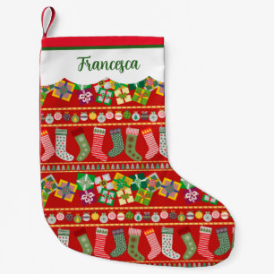 Green Red Traditional Christmas Geometric Pattern  Small Christmas Stocking
