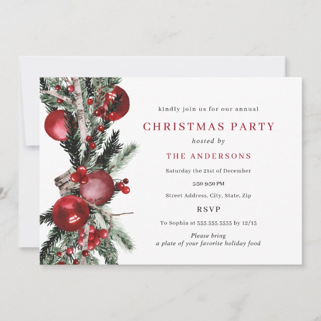 Green Red Traditional Foliage Christmas Party Invitation (Front)