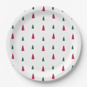 Green & Red Trees Simple Modern Christmas Paper Plate