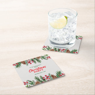 Green & Red Vintage Photo Family Christmas Party Square Paper Coaster