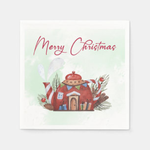 Green Red Watercolor Christmas Tea Pot House Napkin