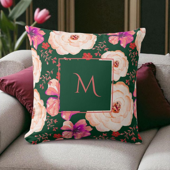 Green Red Watercolor Floral Script Cushion (Creator Uploaded)