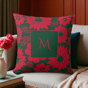 Green Red Watercolor Floral Script Cushion