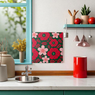 Green Red Watercolor Floral Tile