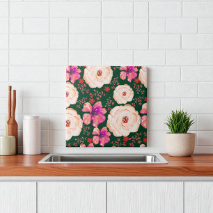 Green Red Watercolor Floral Tile