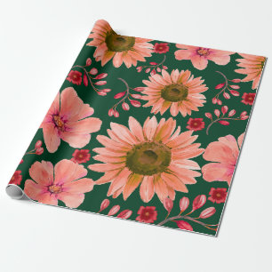 Green Red Watercolor Floral Wrapping Paper