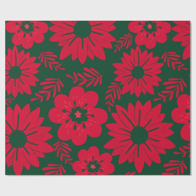 Green Red Watercolor Floral  Wrapping Paper (Flat)