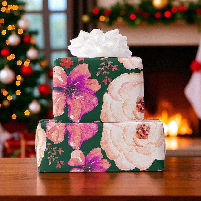 Green Red Watercolor Floral  Wrapping Paper (Creator Uploaded)