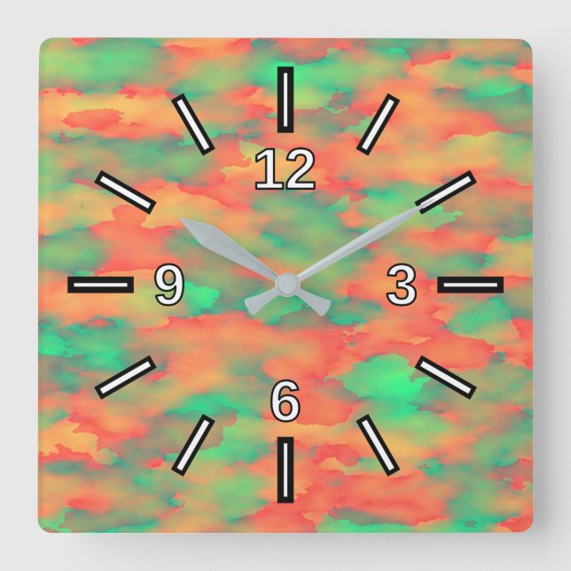 Green, Red Watercolor-Like Abstract Pattern Square Wall Clock (Front)