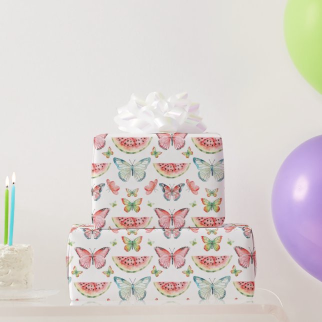 Green Red Watermelon Blue Butterflies Birthday Wrapping Paper (Party Gifts)