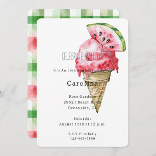 Green Red Watermelon Ice Cream Cone Birthday   Invitation