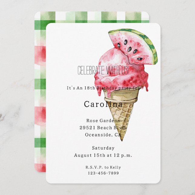 Green Red Watermelon Ice Cream Cone Birthday   Invitation (Front/Back)