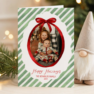 Green Red Whimsical Bow Frame Photo Christmas Card