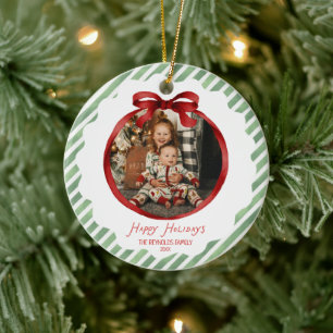Green Red Whimsical Bow Frame Photo Christmas Ceramic Tree Decoration