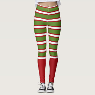 Green Red & White Layered Stripes Holiday Festive Leggings