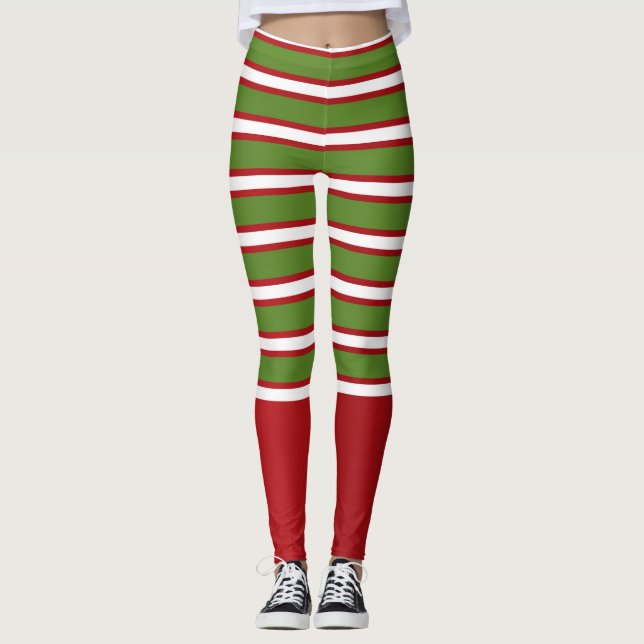 Green Red & White Layered Stripes Holiday Festive Leggings (Front)