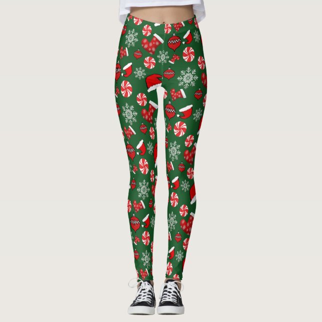Green Red White Merry Christmas Leggings  (Front)