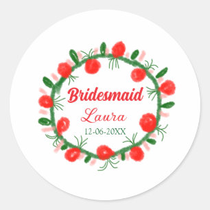 green red wreath cir add name bridesmaid gift year classic round sticker