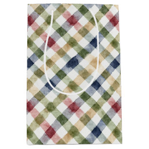 Green Red Yellow Blue Cream Plaid Stripes Birthday Medium Gift Bag