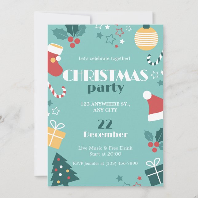 Green Red Yellow Cute Simple Christmas Party Invitation (Front)