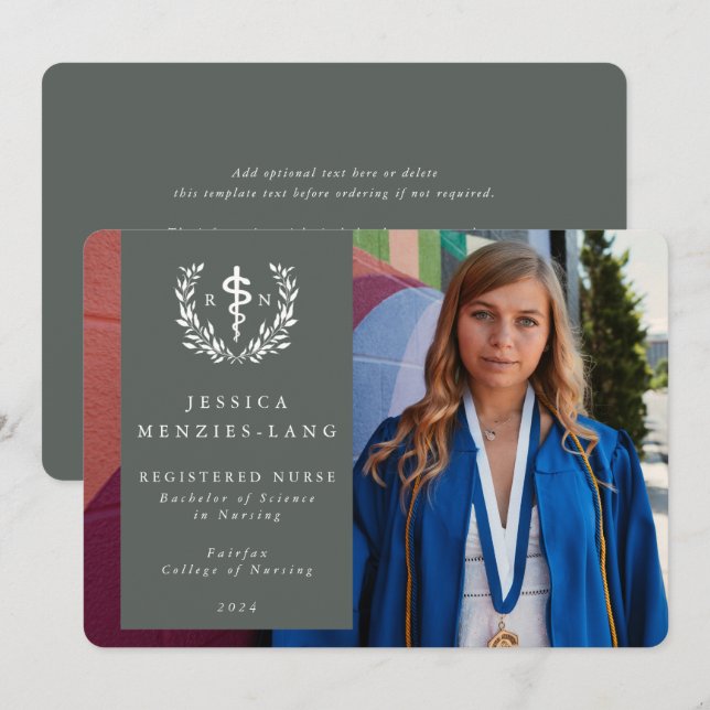 Green Registered Nurse Asclepius Graduation Photo  Announcement (Front/Back)