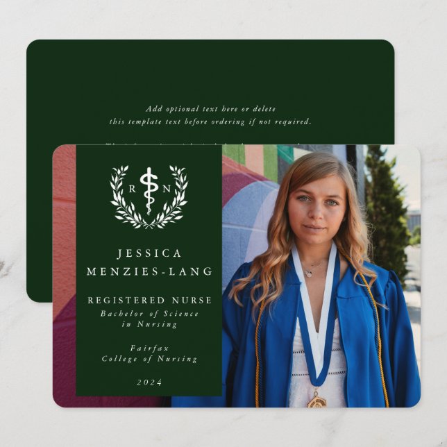 Green Registered Nurse Asclepius Graduation Photo Announcement (Front/Back)
