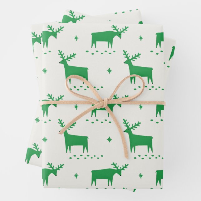 Green Reindeer Christmas | Cosy Woodland Winter Wrapping Paper Sheet (In situ)
