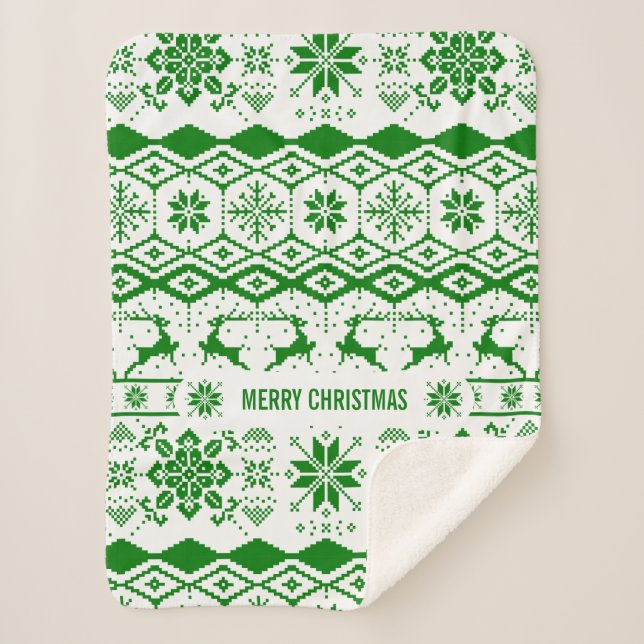 Green Reindeer Christmas Knitted Sherpa Blanket (Front)