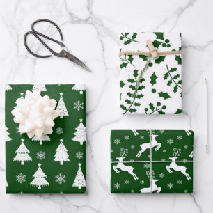 Green Reindeer, Christmas Tree and Holly Patterns Wrapping Paper Sheet