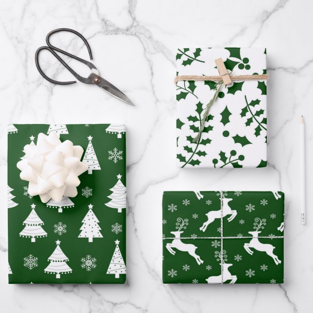 Green Reindeer, Christmas Tree and Holly Patterns Wrapping Paper Sheet (Front)
