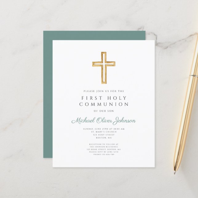 Green Religious Boy First Communion Budget Invite (Front/Back In Situ)