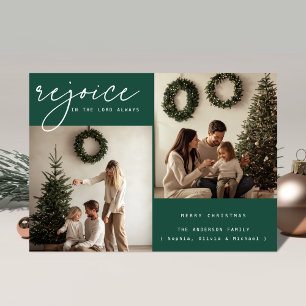 Green Religious Christmas Rejoice Family Photo Holiday Card