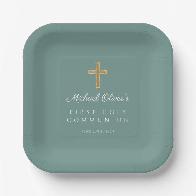 Green Religious Cross Boy First Communion Paper Plate (Front)