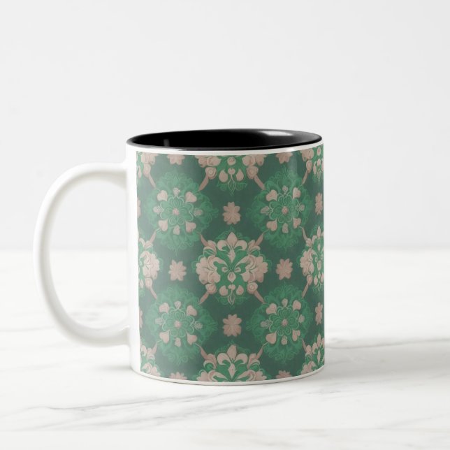 Green Repetitive Victorian Style Design Two-Tone Coffee Mug (Left)