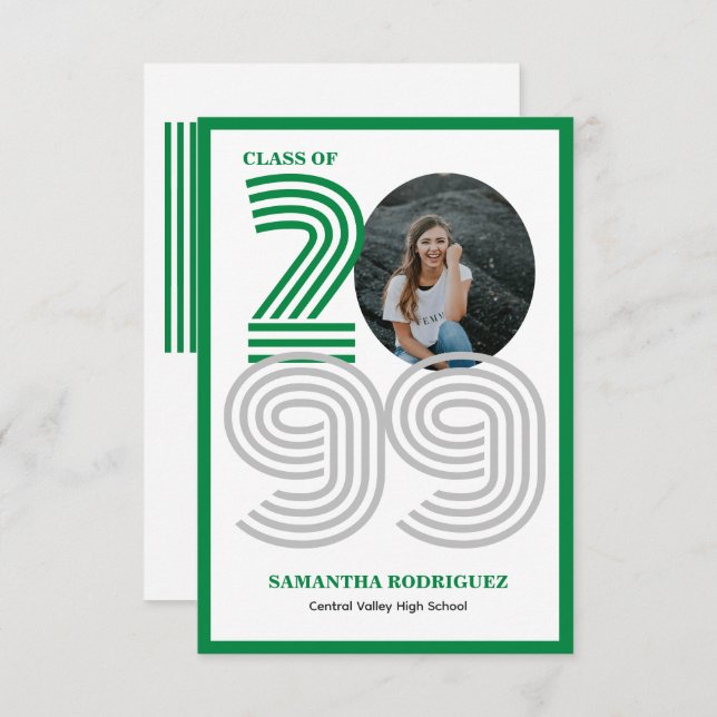 Green Retro Big Numbers Graduation Photo Invitation (Front/Back)