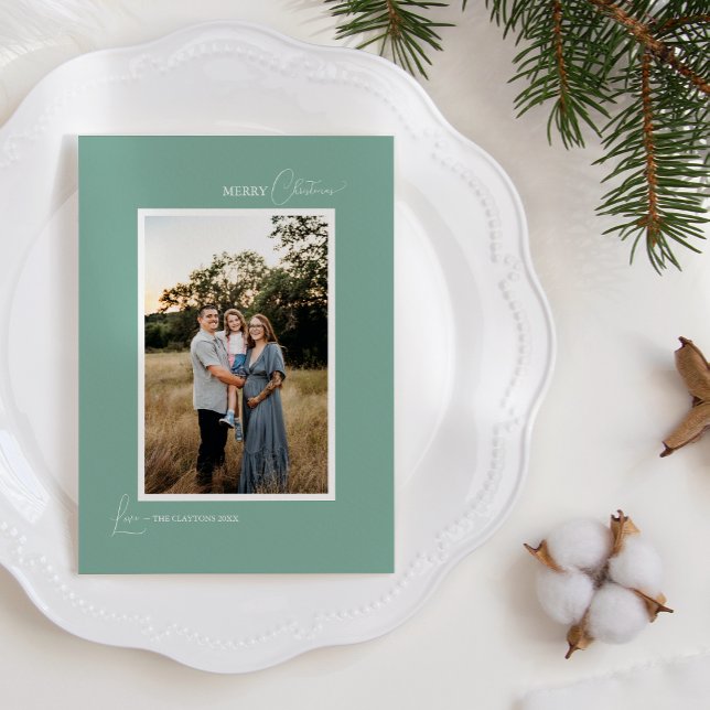 Green Retro Boho Minimalist Letter and Photo Holiday Card (Creator Uploaded)