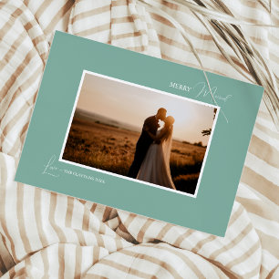 Green Retro Boho Minimalist Merry Married Photo Holiday Card