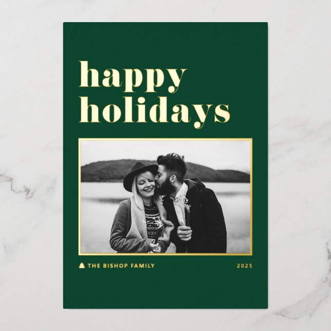 Green Retro Bold Typography Photo Happy Holidays Foil Holiday Card (Front)
