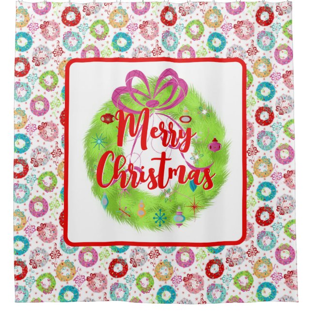 Green Retro Christmas Wreath  Shower Curtain (Front)