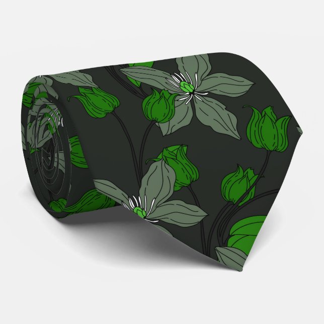 Green retro ethnic elegant flower floral pattern tie (Rolled)