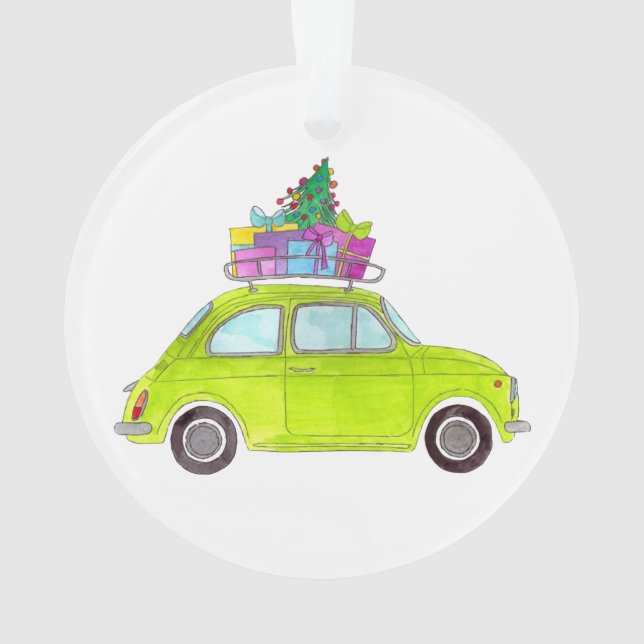 Green Retro Fiat 500 with Gifts Watercolor Ornament (Back)