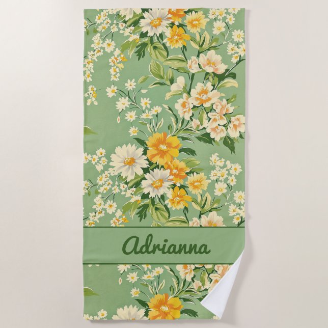 Green Retro Floral  Beach Towel (Front)