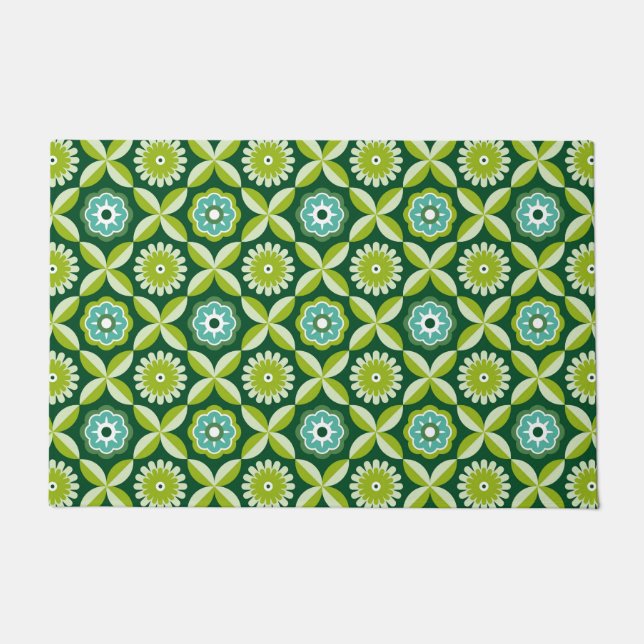 Green retro flowers doormat (Front)