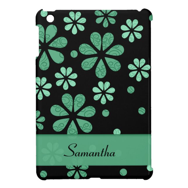 Green Retro Flowers On Black iPad Mini Case (Back)