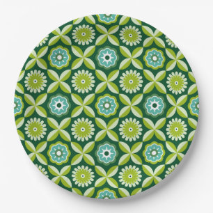 Green retro flowers paper plate