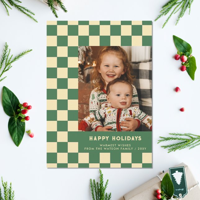 Green Retro Groovy Chequered Happy Holidays Photo Holiday Postcard (Green Retro Groovy Checkered Happy Holidays Photo Holiday Postcard)