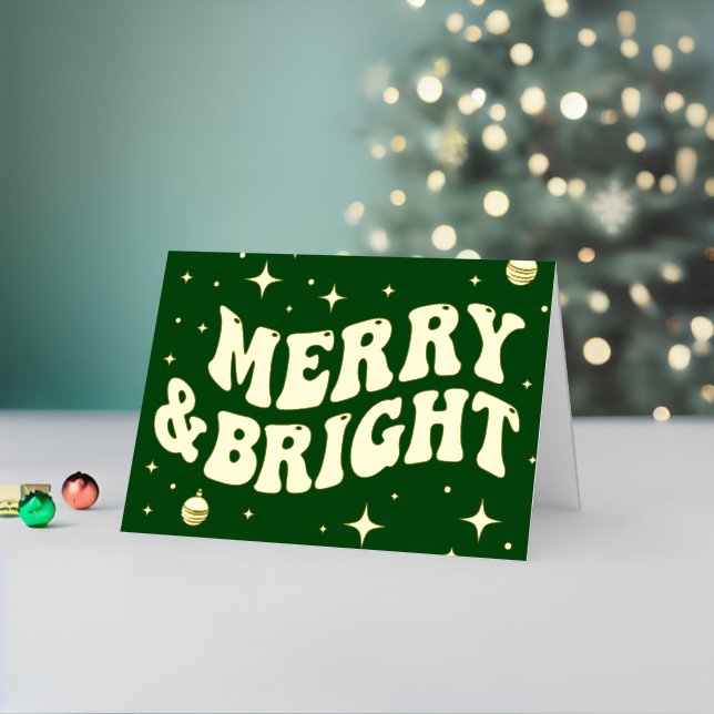 Green Retro Groovy Merry & Bright Christmas Foil Holiday Card (Holiday In Situ 2)